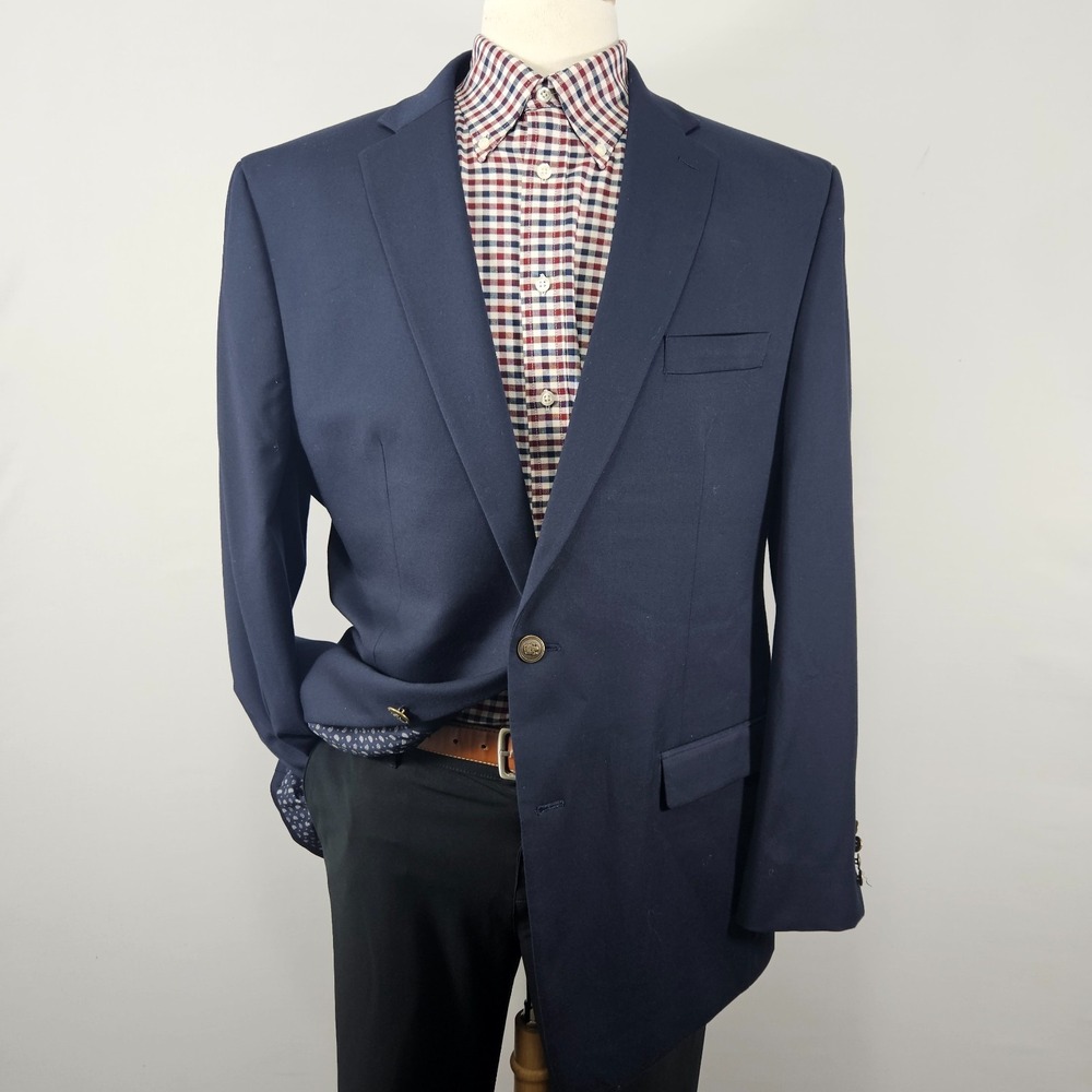 Chaps Men's Sport Coat Blazer Two Button Navy Blue Twill Polyester Blend 46L